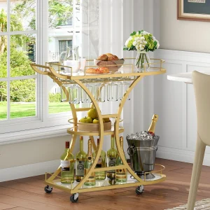 Metal Rolling Kitchen Cart with Stemware Rack