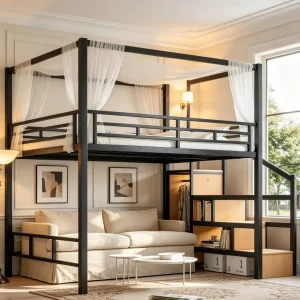 Metal Queen Loft Bed with Storage & Wardrobe